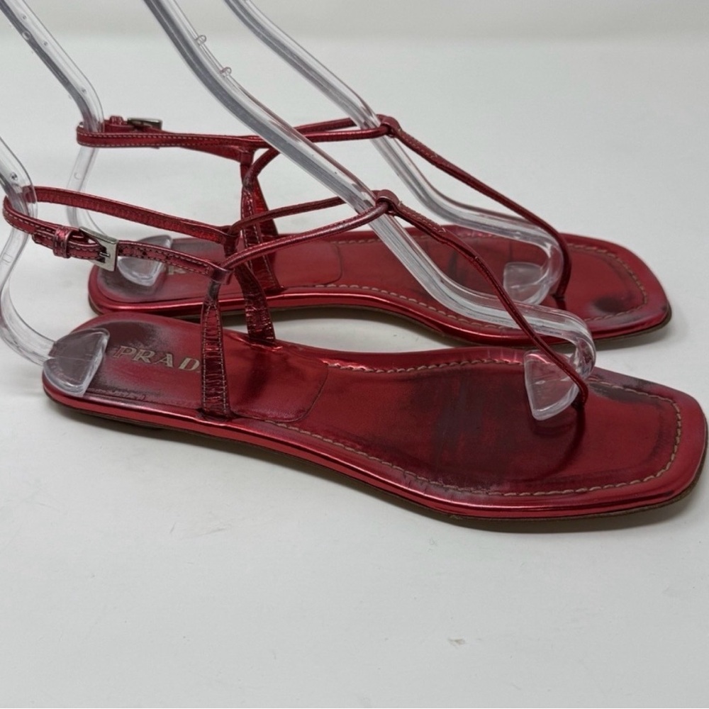 Prada Capretto Thong Leather Sandals Metallic Pinkish Red Size 7.5 (EU 38) - Picture 5 of 9